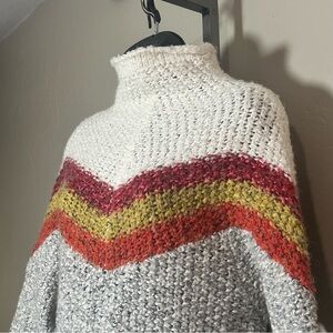 Free People Cozy Heavy-Weight Turtle Neck Gray & Cream Sweater with Stripes